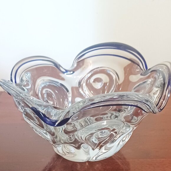 Vtg Lillian Vernon Cobal Ribbon Clear Art Glass Dish - Picture 2 of 5